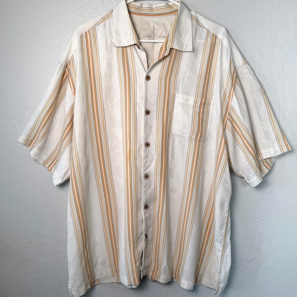 Tommy Bahama XXL Cream Tan Striped Tencel Lyocell Short Sleeve Shirt Resortwear